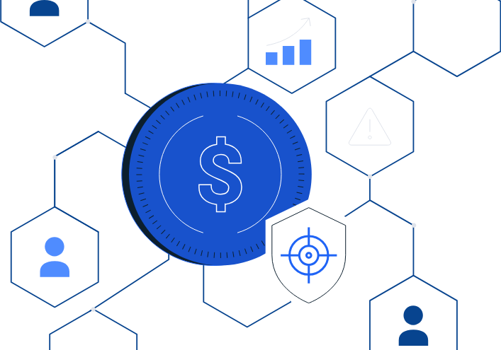 Illustration of a stablecoin represented by a dollar symbol surrounded by icons for growth, risk alert, user profiles, and a security shield with a target, connected through a network of hexagons — symbolizing the interconnected risks and compliance considerations in digital asset ecosystems.