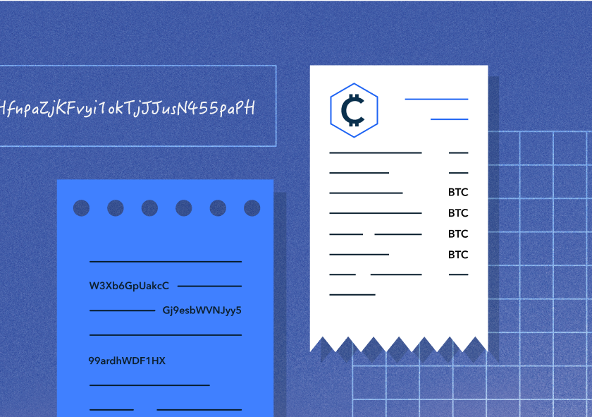 Illustration showing common crypto artifacts: a handwritten wallet address, a crypto ATM receipt with repeated "BTC" entries and a crypto-related icon at the top, and a blue notepad with alphanumeric codes resembling wallet addresses. The background includes gridlines, indicating an investigative or analytical context.
