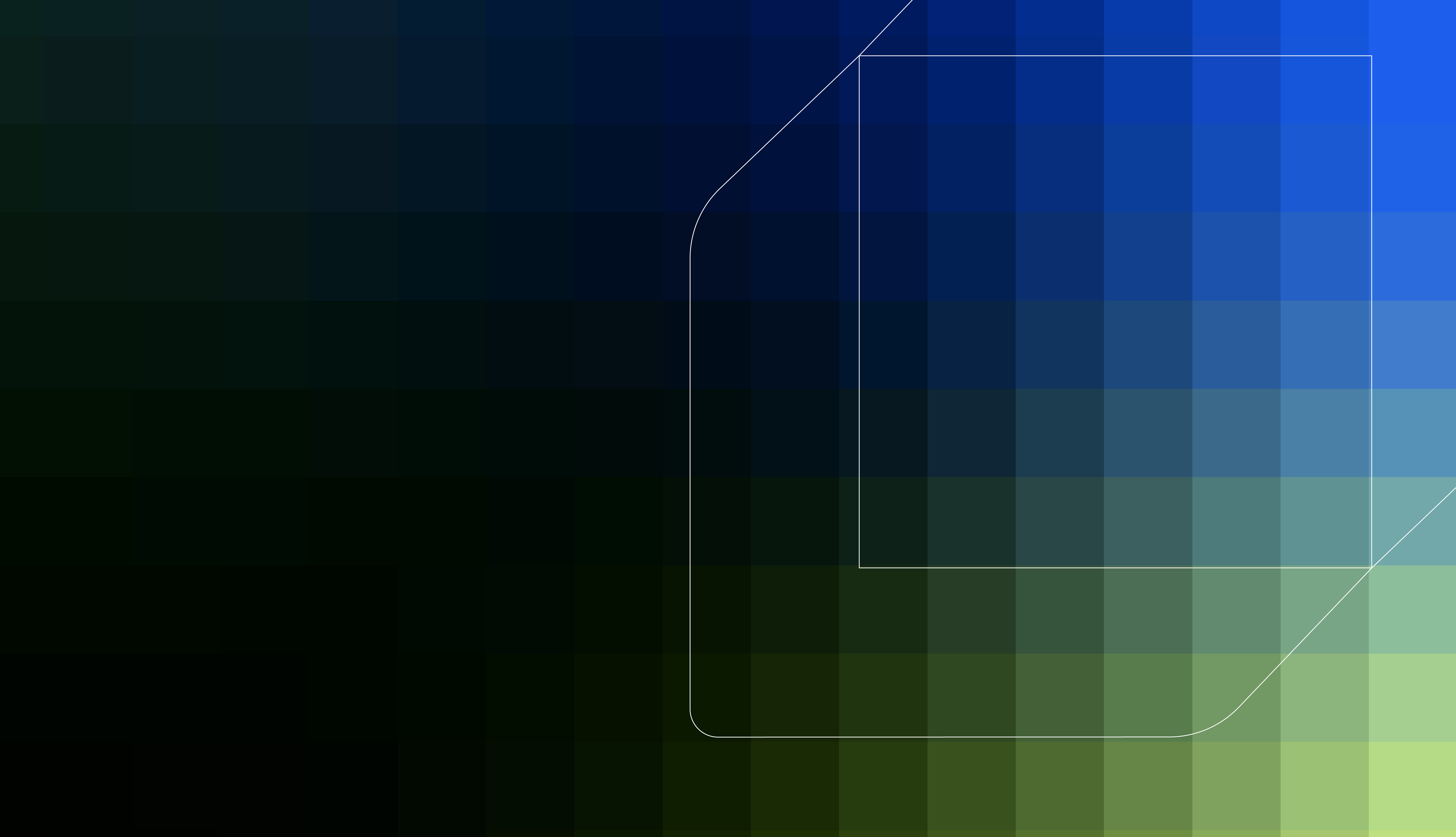 Pixelated gradient background with shades of blue, green, and black, overlaid with thin white line art in the shape of a three dimensional block.