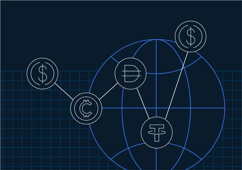 Illustration of a globe connected to various stablecoin symbols, including dollar signs, crypto token icons, and logos resembling DAI and Tether (USDT), representing global stablecoin transactions and interconnected digital finance networks.