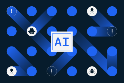 A visual depiction of AI-enabled crime. The image features a large “AI” inside a white box, surrounded by abstract blue patterns on a dark background, with a stylized icon of a masked figure in the corner. The composition suggests themes of emerging digital threats, anonymity, and advanced technology.