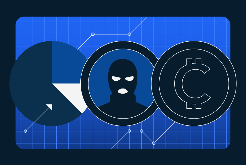 Digital illustration showing a pie chart, masked criminal figure, and crypto coin symbol on a data grid background—representing crypto crime analytics.