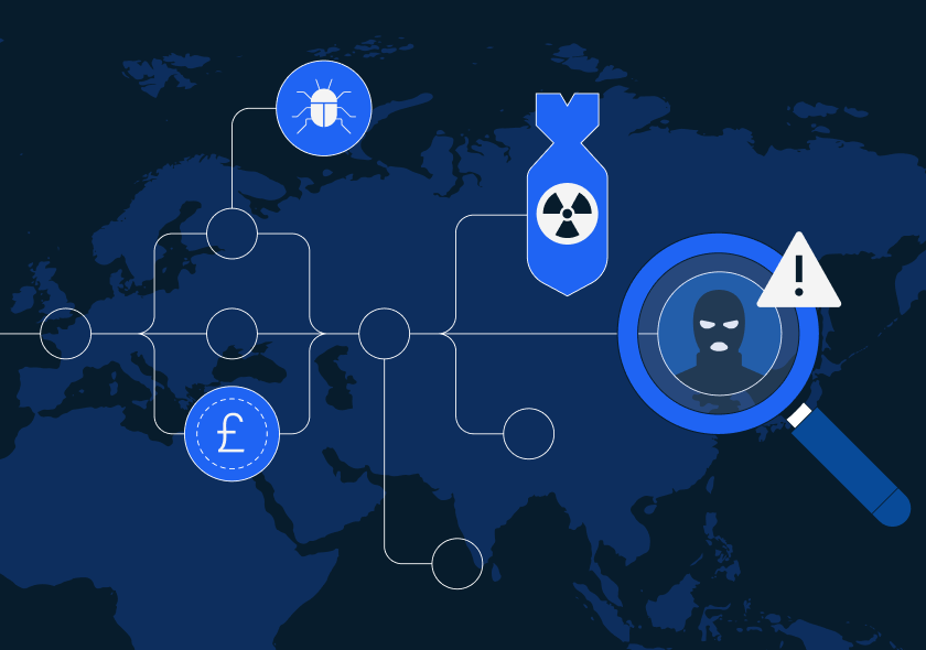 Illustration of a world map highlighting Eurasia with connected nodes representing illicit networks. Icons depict a masked actor under investigation, a warning symbol, malware, a bomb, and a British pound sign, linked across the map to suggest transnational financial crime and security threats. The graphic emphasizes the role of blockchain intelligence in tracking illicit activity across borders.