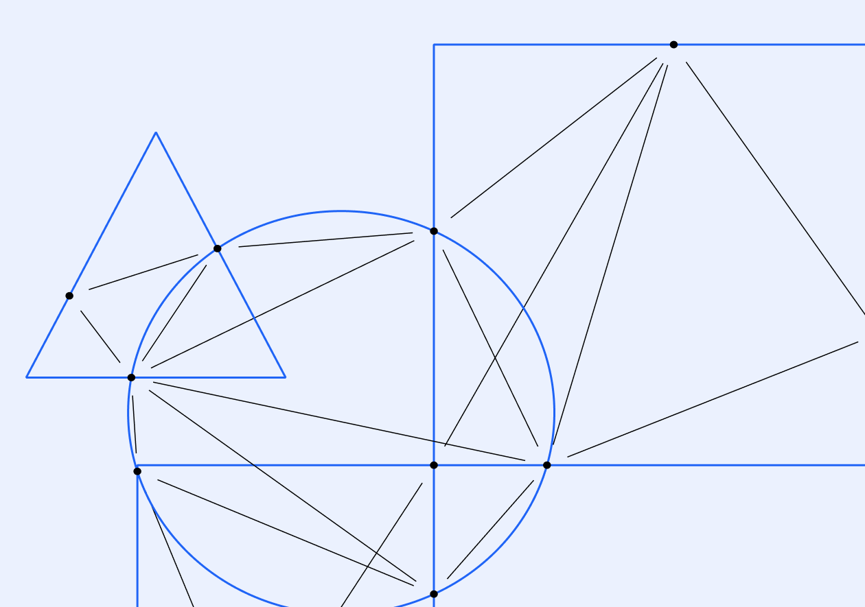 Abstract blue-line geometric diagram on a light background, showing a triangle overlapping a circle, which overlaps a large square and triangle, with black diagonal lines connecting intersection points marked by black dots.