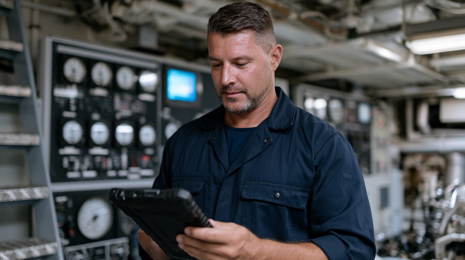 Chief engineer using a maritime CMMS on a tablet in a ship's engine control room