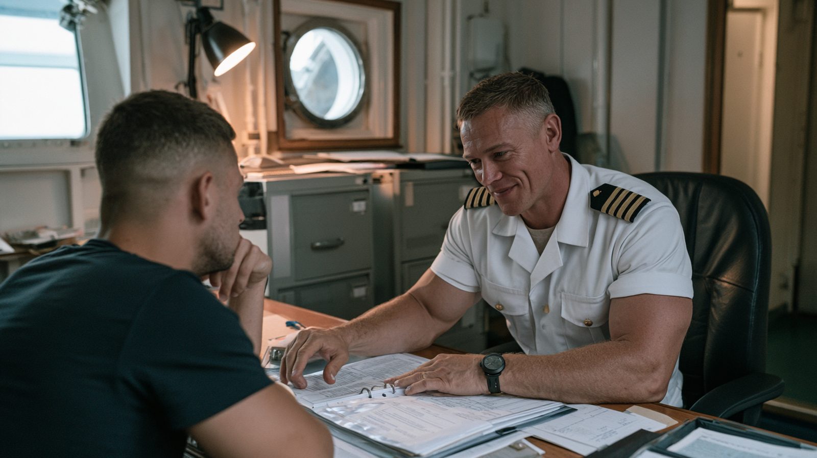Capitaine vérifiant les certificats STCW et le livret maritime d'un marin dans le bureau du navire