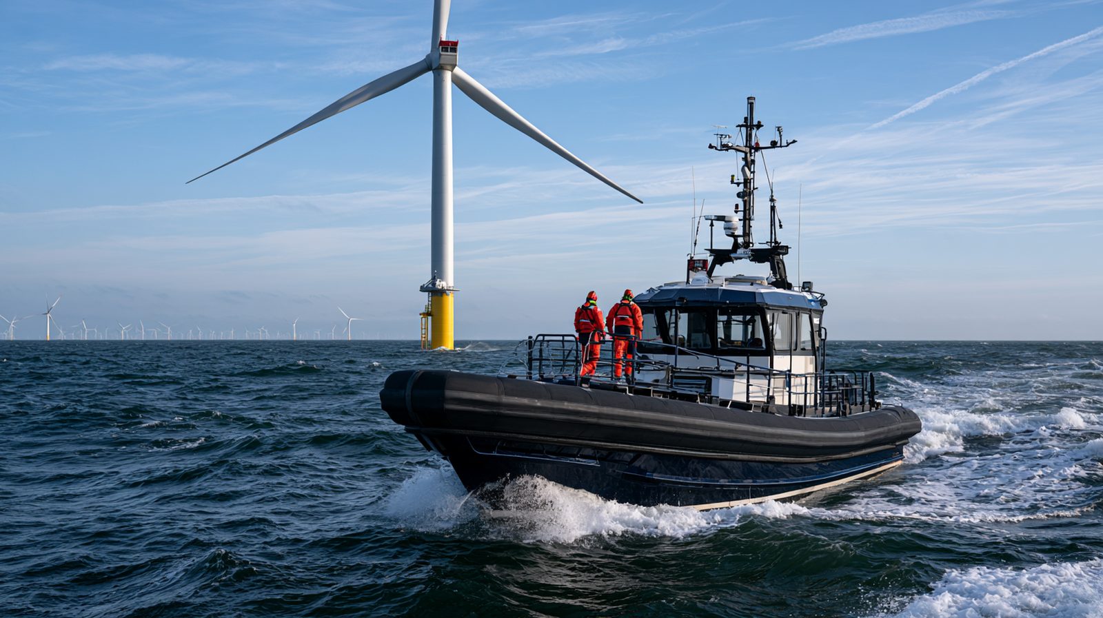 Crew transfer vessel accosté sur l'échelle d'accès d'une éolienne offshore pour le transfert de techniciens