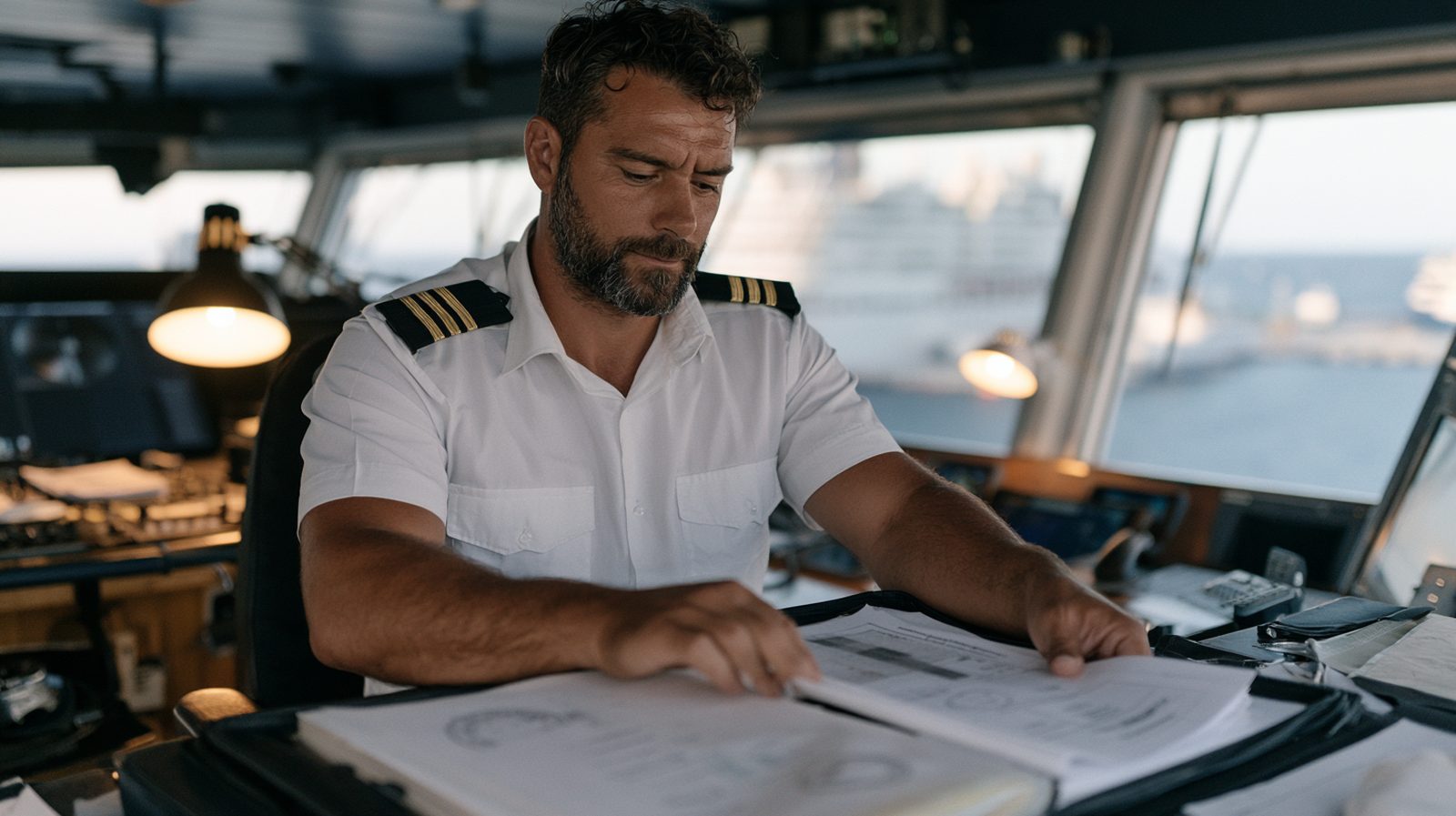 Officier consultant le classeur de certificats du navire sur la table à cartes de la passerelle