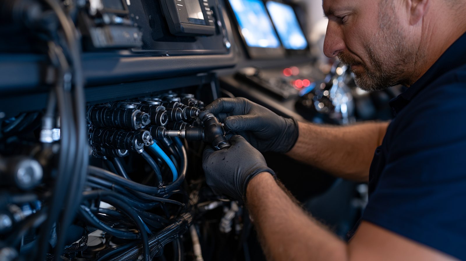 Technicien raccordant un connecteur sur le bus NMEA 2000 derrière la console de barre