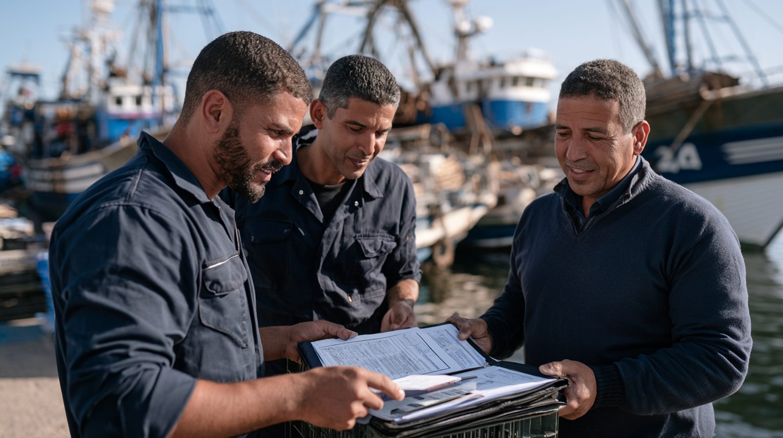 Officier de bord et agent portuaire examinant les certificats d'un navire de pêche hauturière à quai