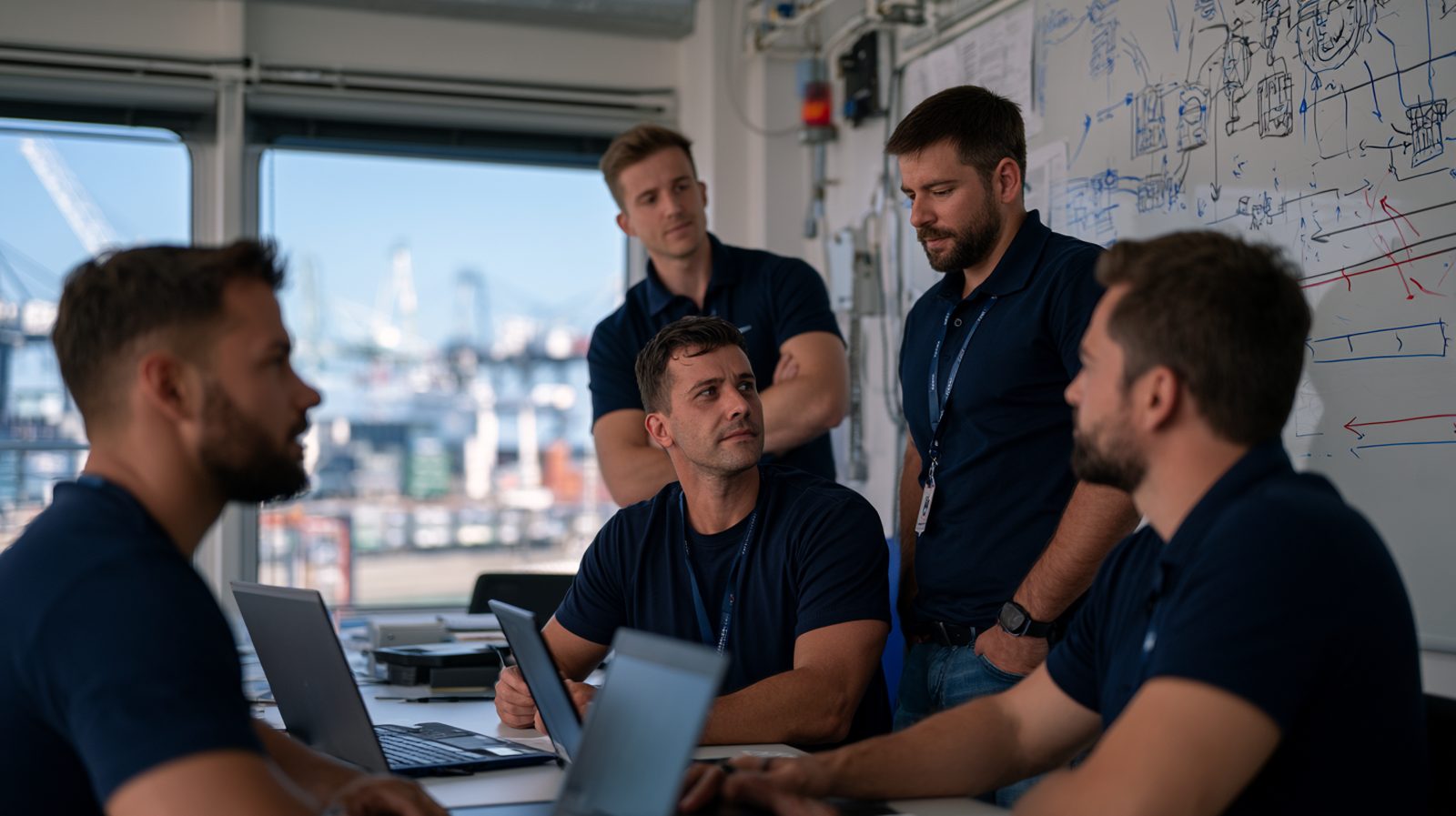Équipe technique d'armement construisant son plan de digitalisation de la maintenance au tableau