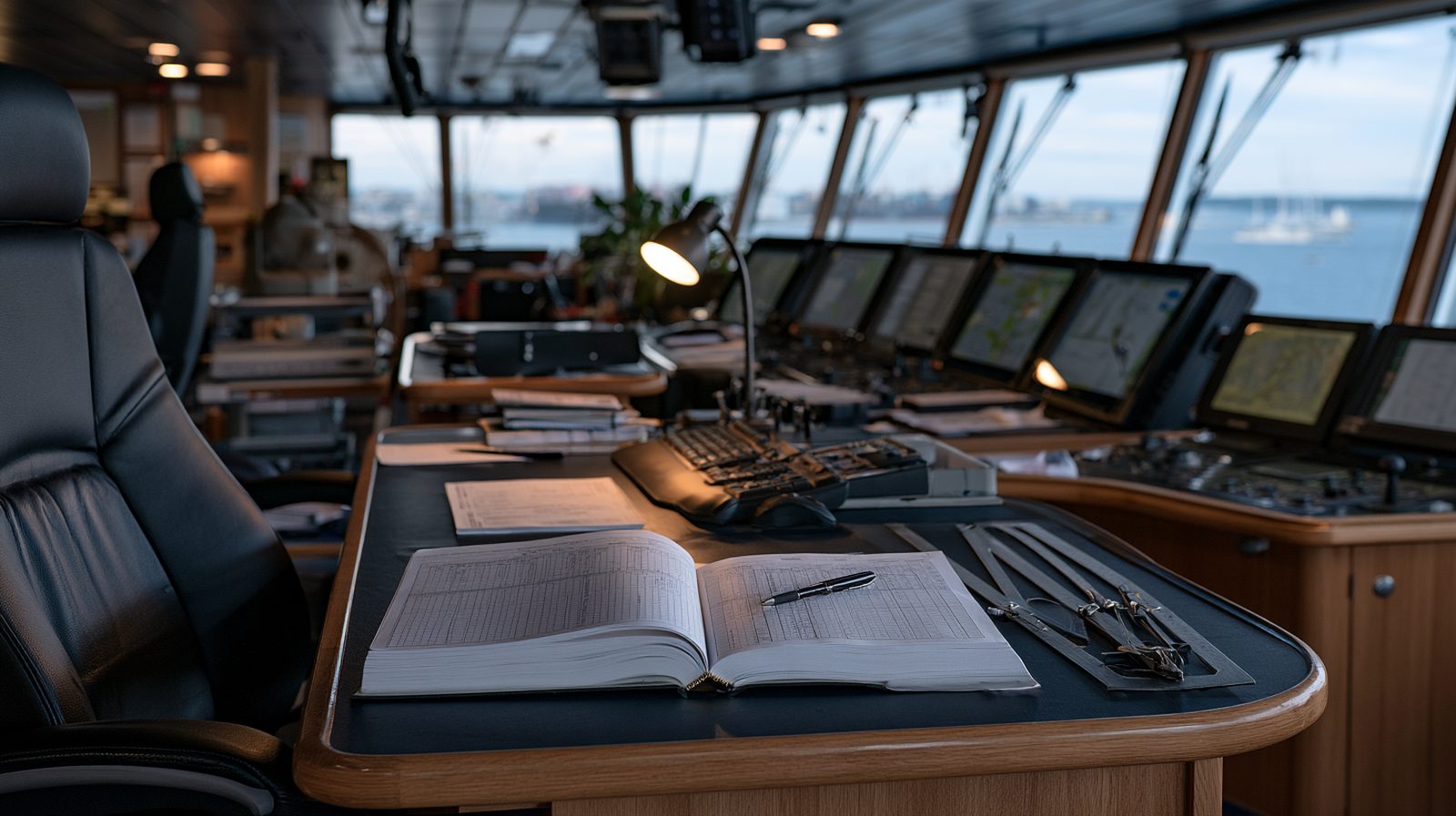Open ship's logbook on a bridge chart table with a pen across the pages