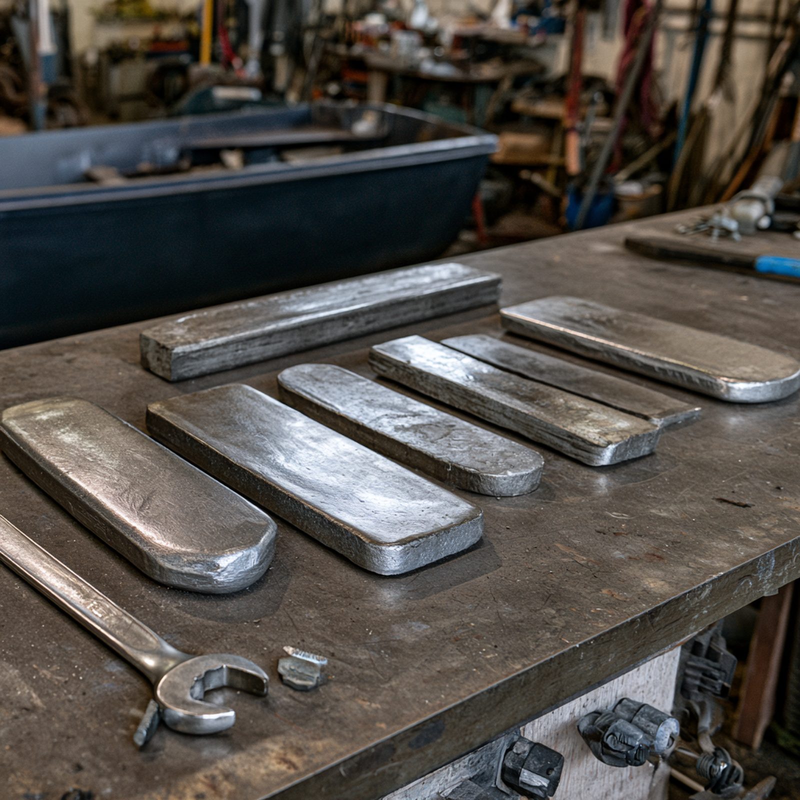 Anodes sacrificielles neuves de différents alliages alignées sur un établi d'atelier