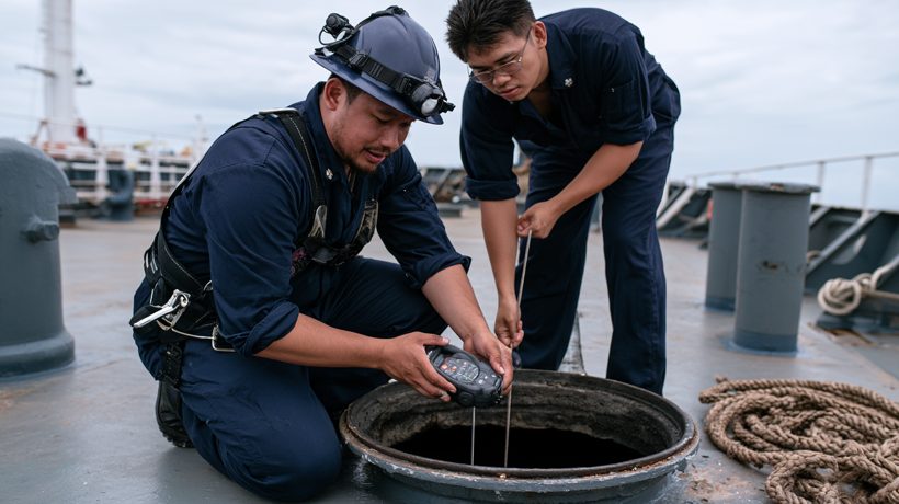 Deux marins en équipement de protection mesurant l'atmosphère d'une citerne au niveau du trou d'homme avant l'entrée