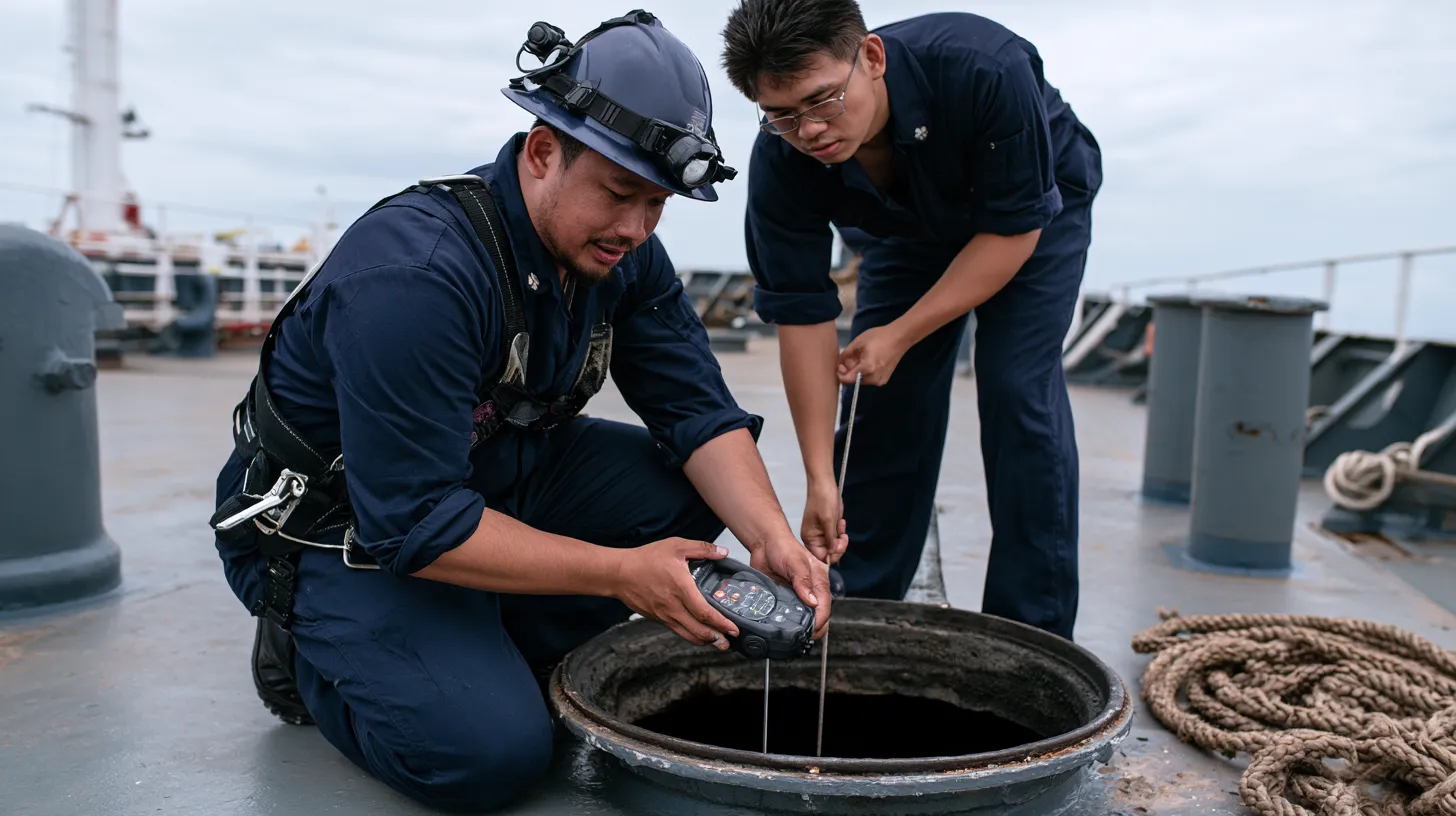 Deux marins en équipement de protection mesurant l'atmosphère d'une citerne au niveau du trou d'homme avant l'entrée