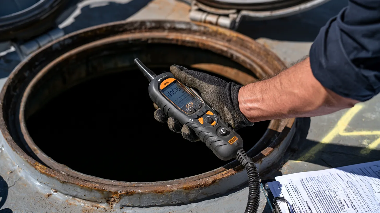 Détecteur multigaz tenu au-dessus d'un trou d'homme ouvert, permis d'entrée posé sur le pont du navire
