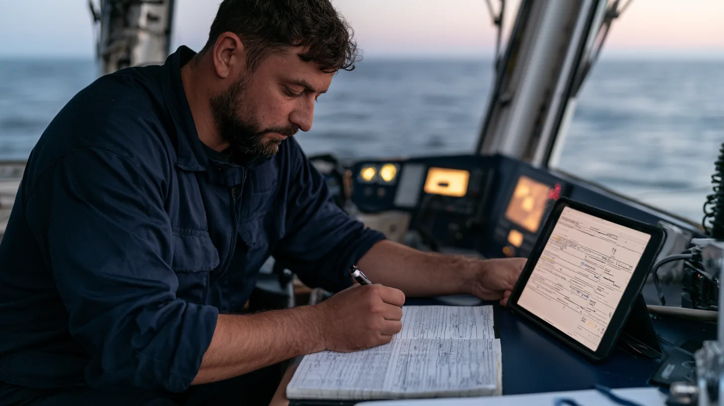 Officer writing up the paper logbook beside a tablet showing a digital maintenance screen