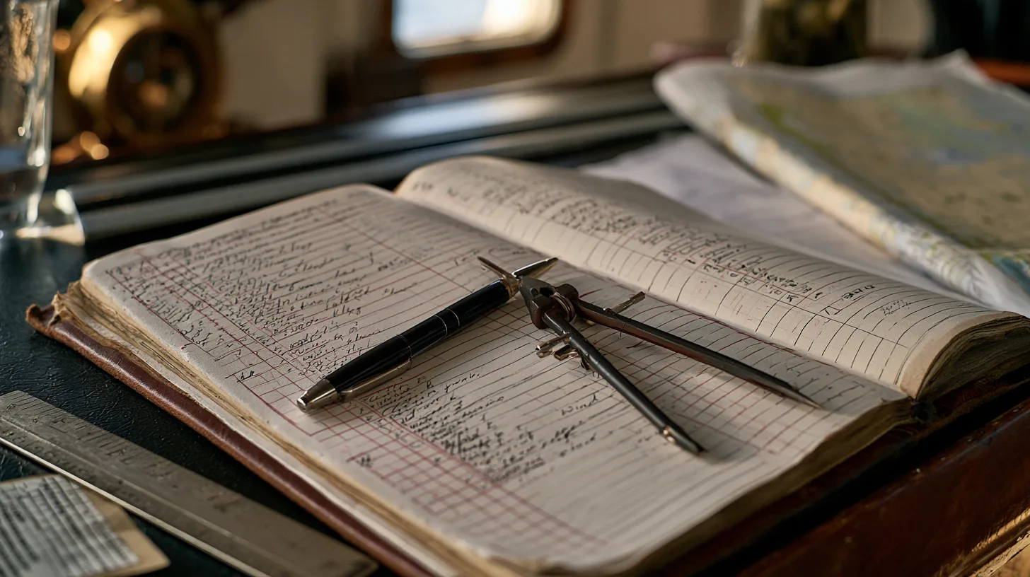 Paper ship's logbook open on the chart table, position, course and wind columns filled in by hand