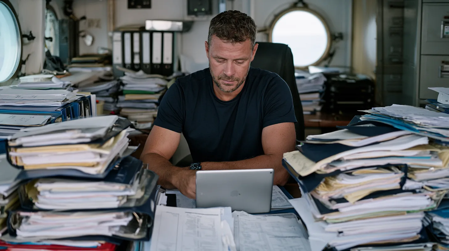 Responsable technique gérant sa maintenance sur tableur au milieu des classeurs papier du bureau du bord