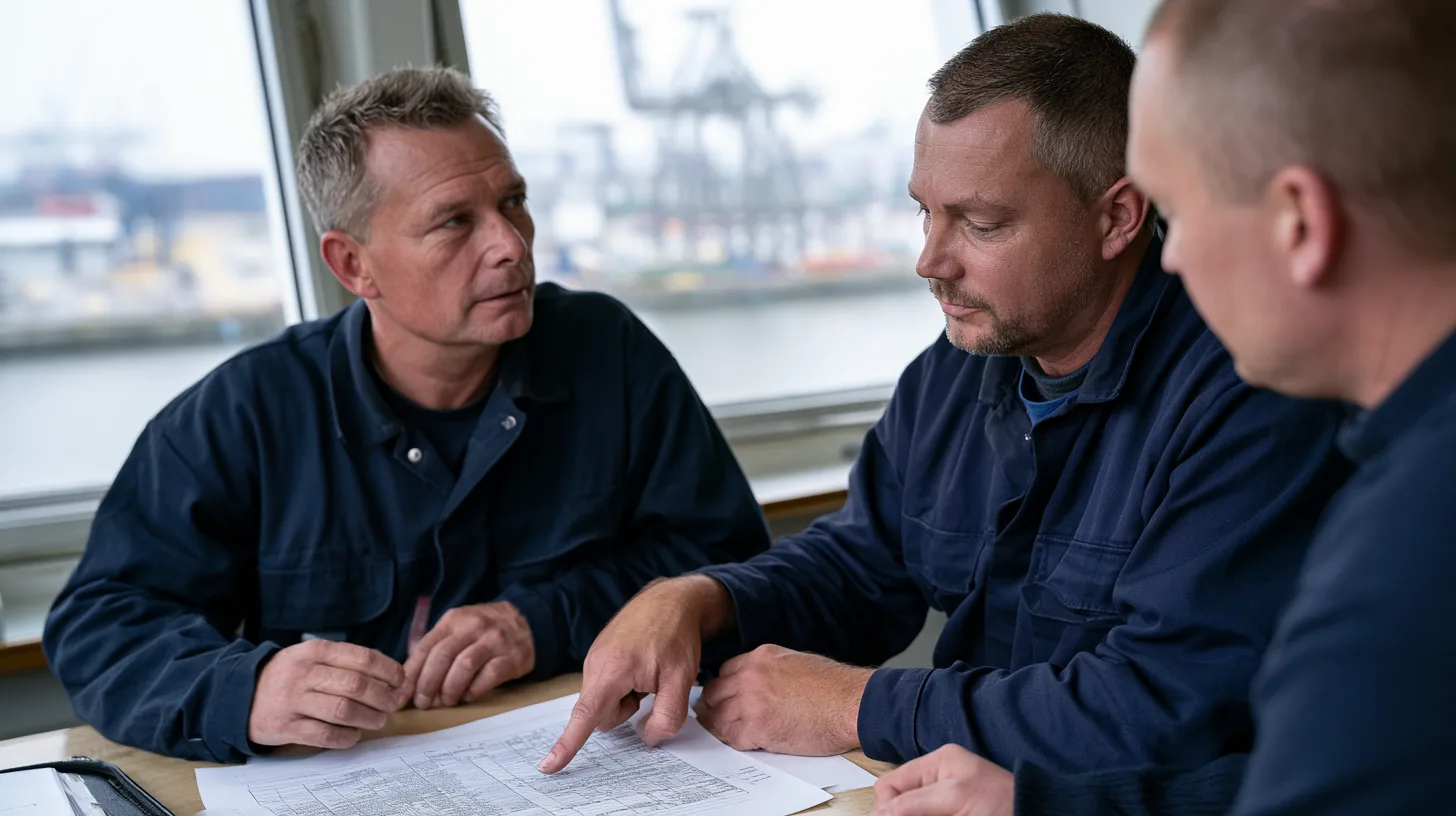 Responsable technique et directeur financier examinant un budget de maintenance imprimé face au port