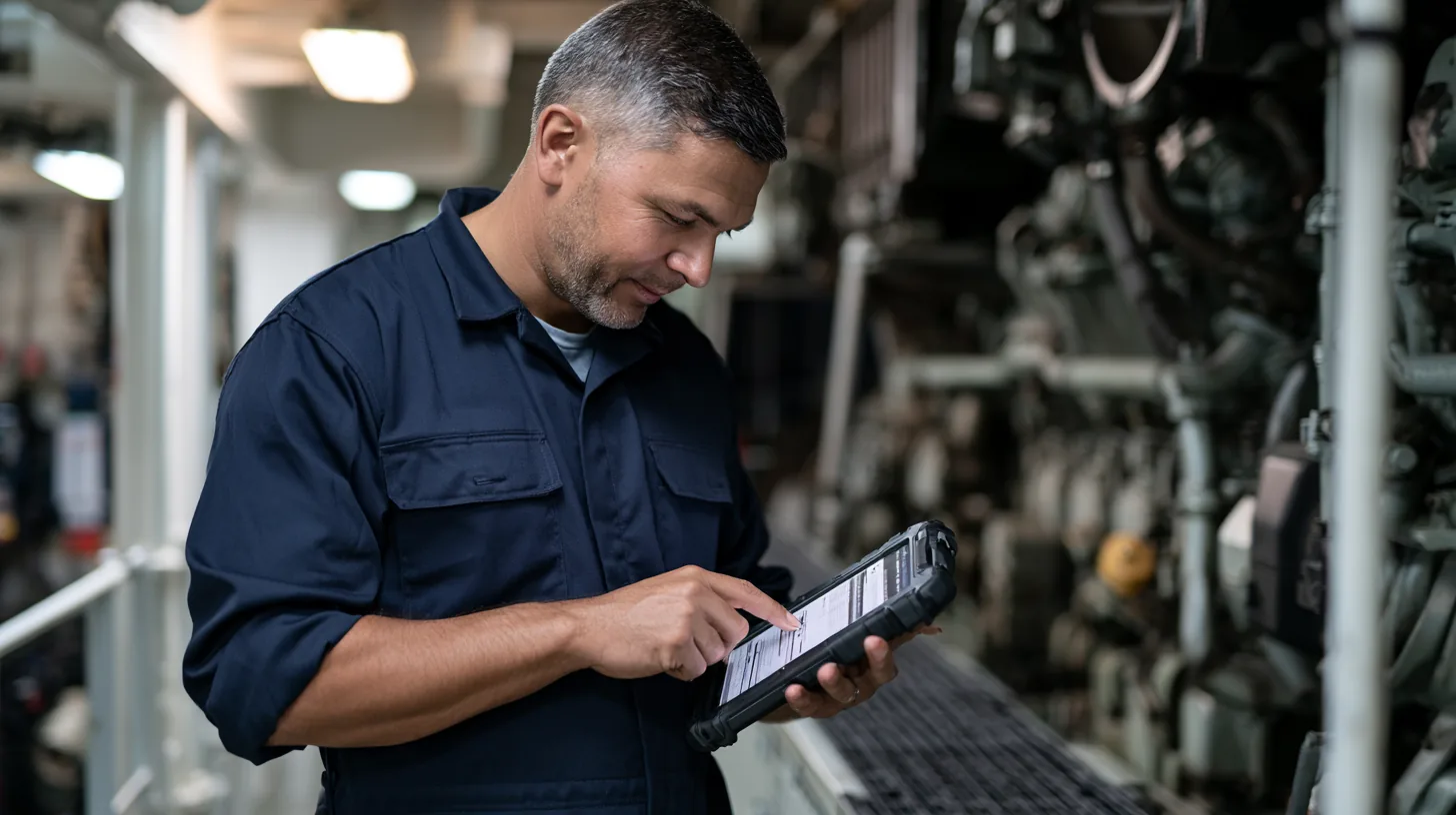 Chef mécanicien consultant un plan de maintenance planifiée sur tablette durcie en salle des machines