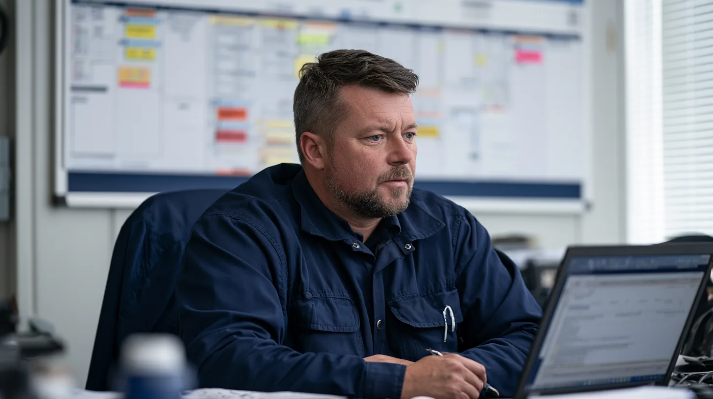 Technical superintendent in front of a wall planner showing the fleet maintenance schedule