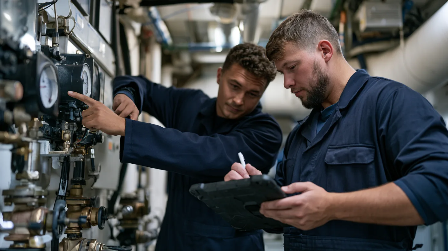 Two marine engineers reading an hour meter on the engine control panel and entering it on a tablet