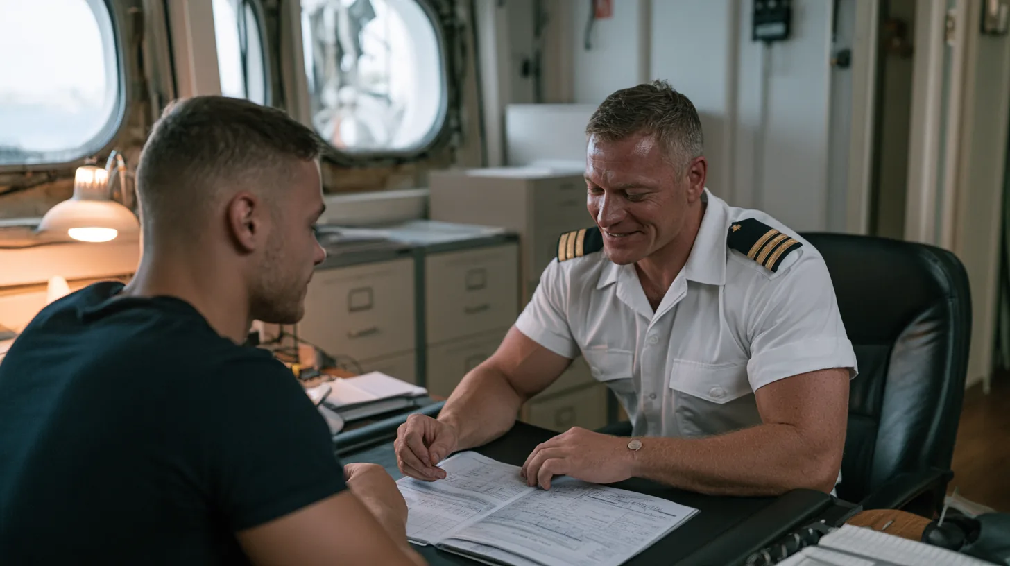 Master going through the planned maintenance file with a crew member