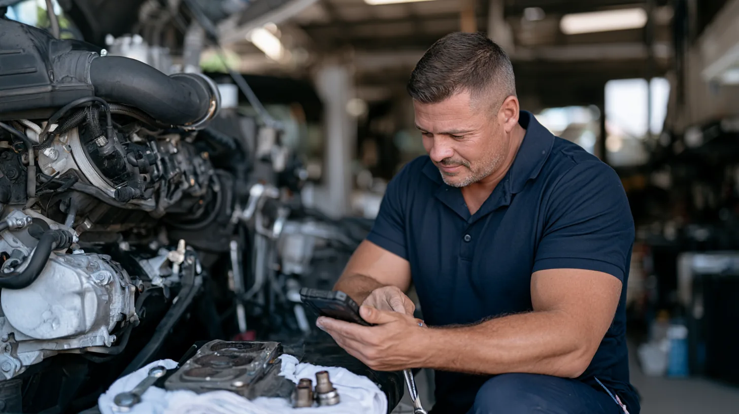 Crew member closing out a work order on a rugged handheld beside an engine