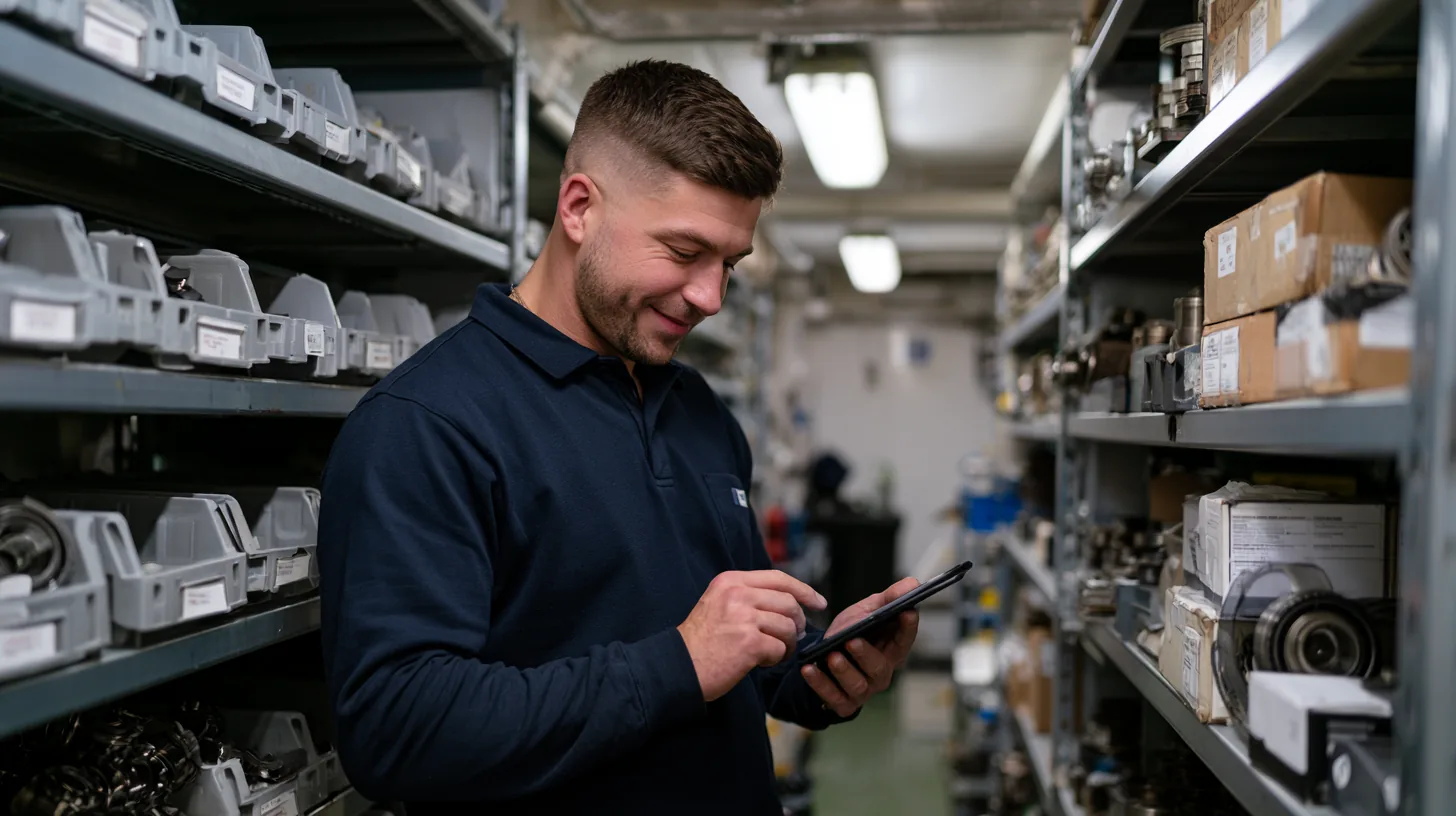 Inventaire du magasin de rechanges sur tablette dans la coursive du magasin de bord