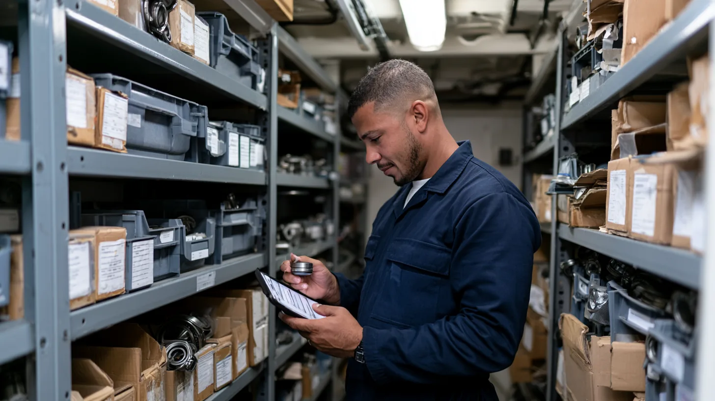 Ship's spare parts store room, metal shelving and labelled bins in a cramped compartment