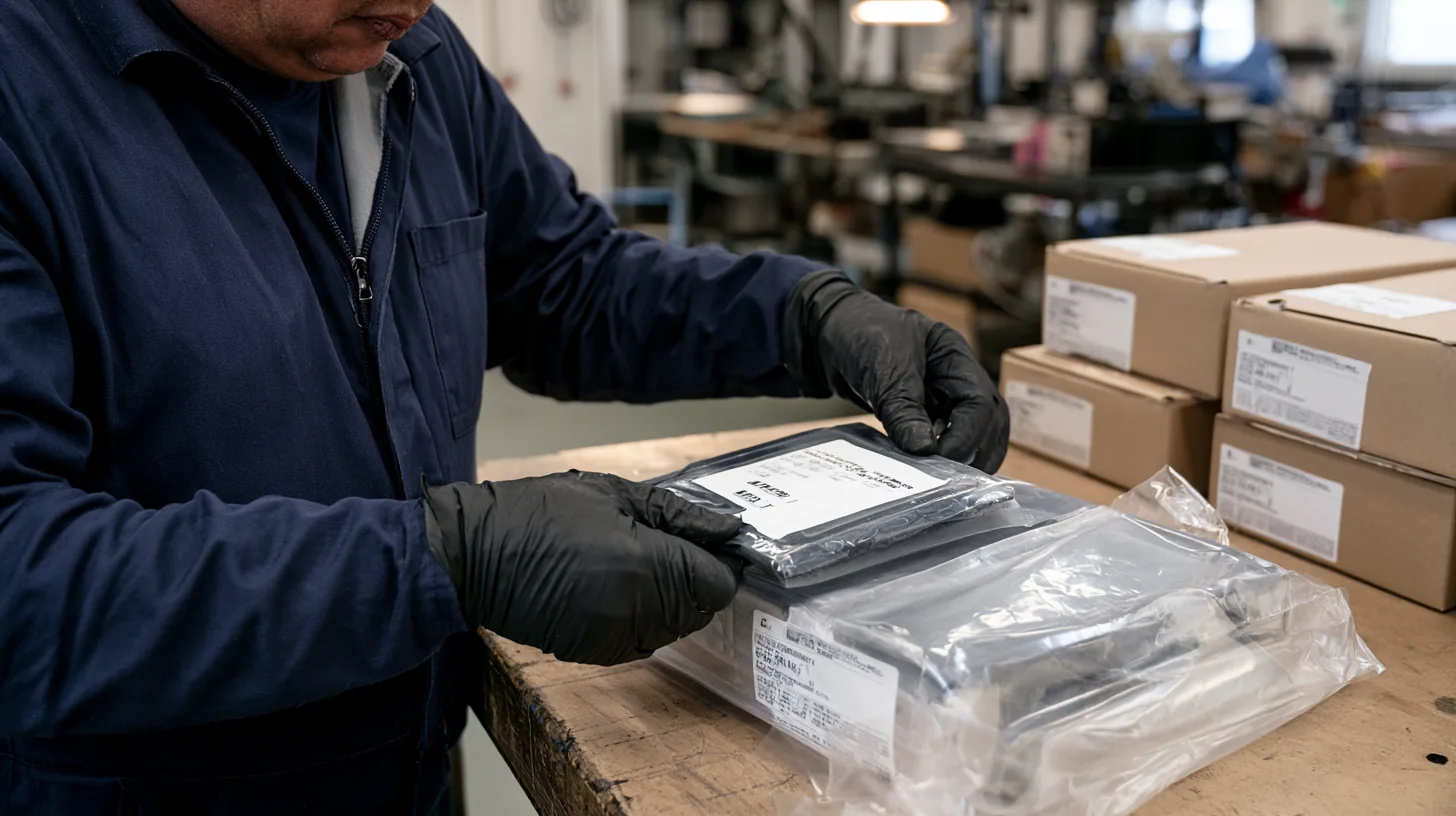 Gloved hands unwrapping a sealed marine spare part, part number visible on the label