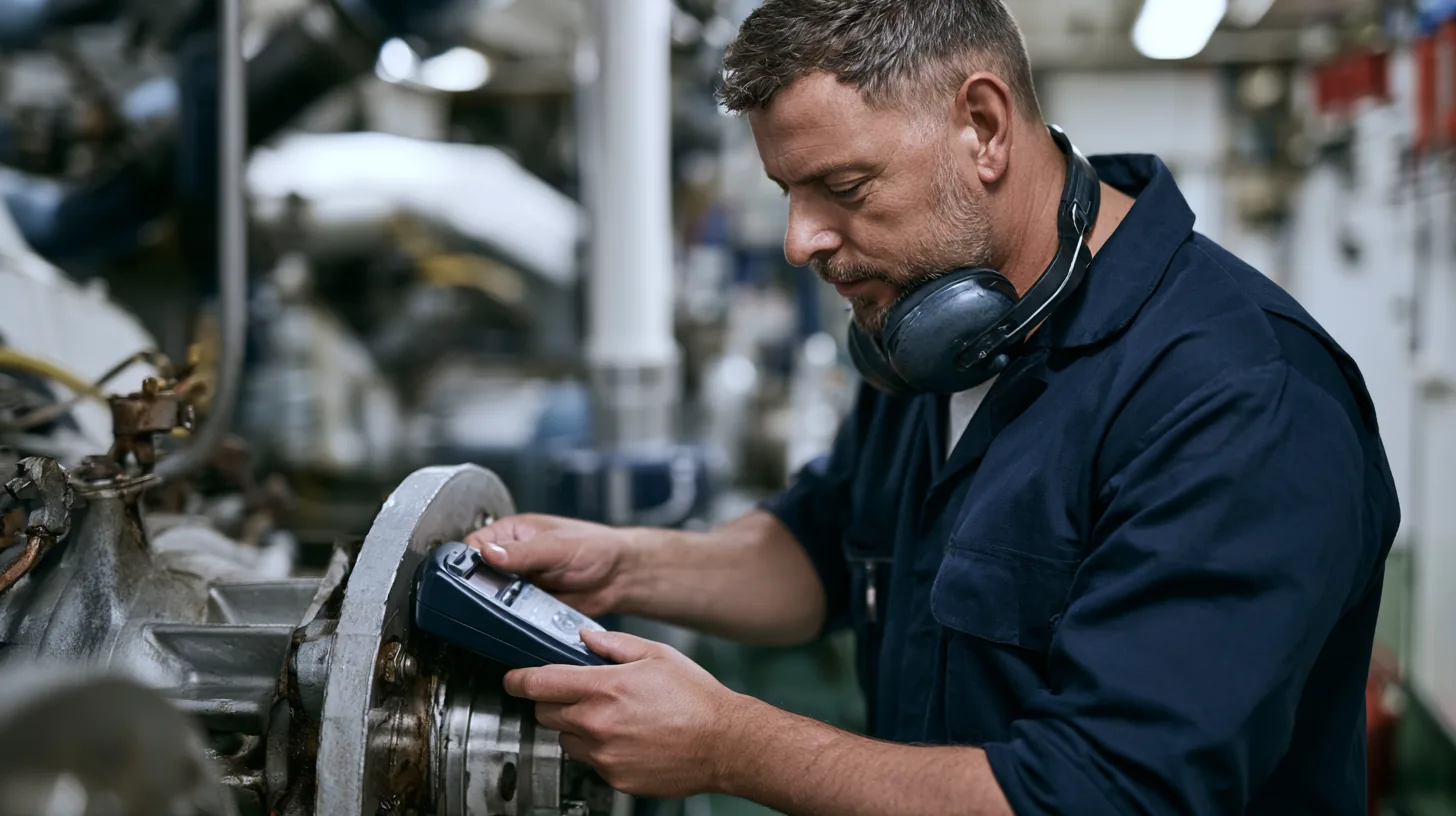 Technician taking a vibration reading at the bearing housing of a running pump, ear defenders round his neck