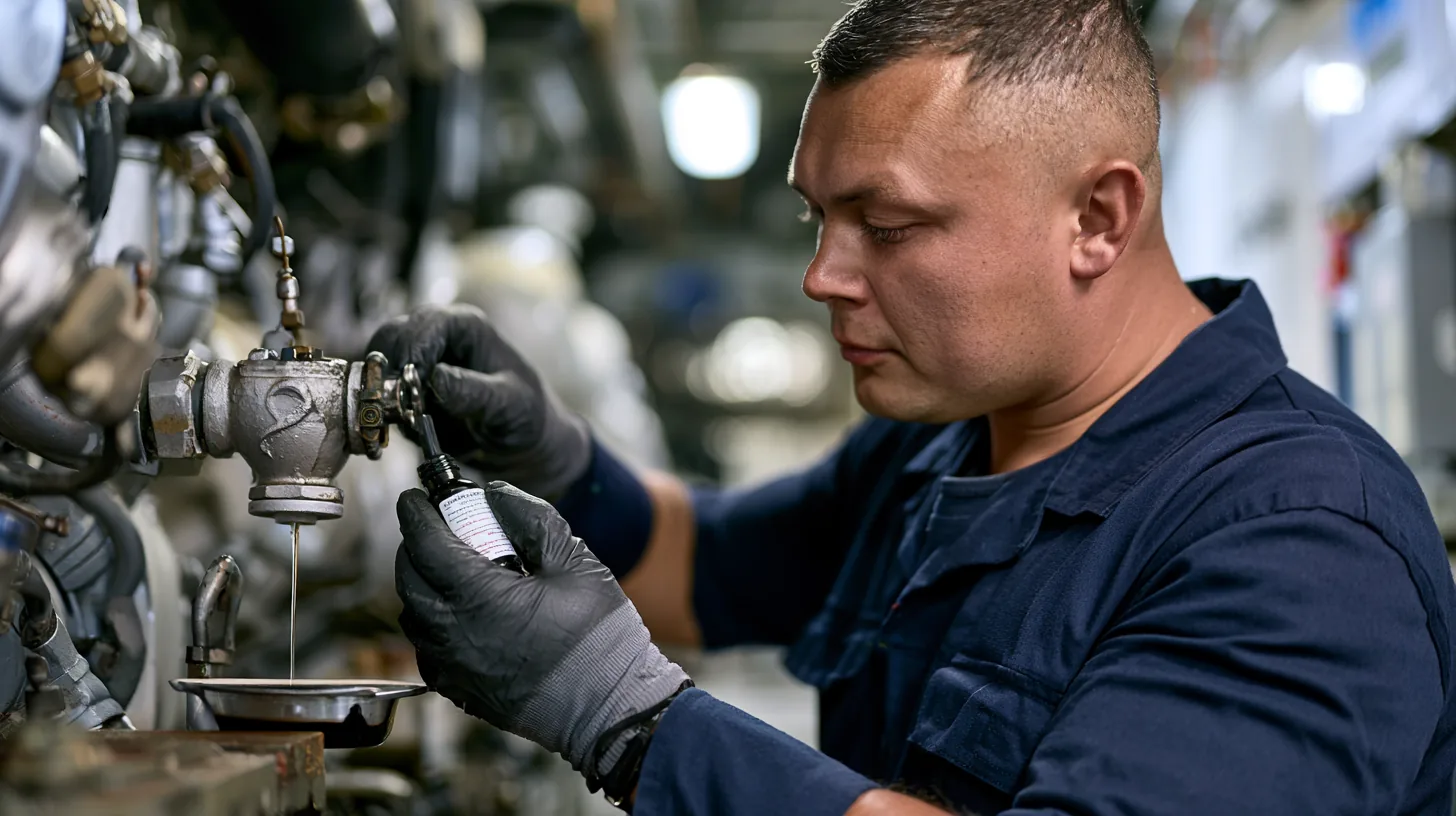 Drawing a hot oil sample from a running diesel generator into a labelled bottle