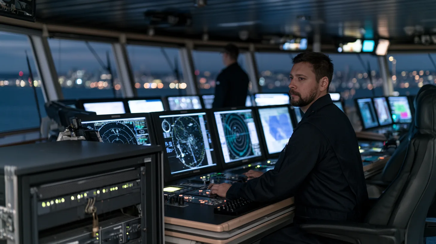 Ship's bridge at night, radar and electronic chart displays lit at the conning position