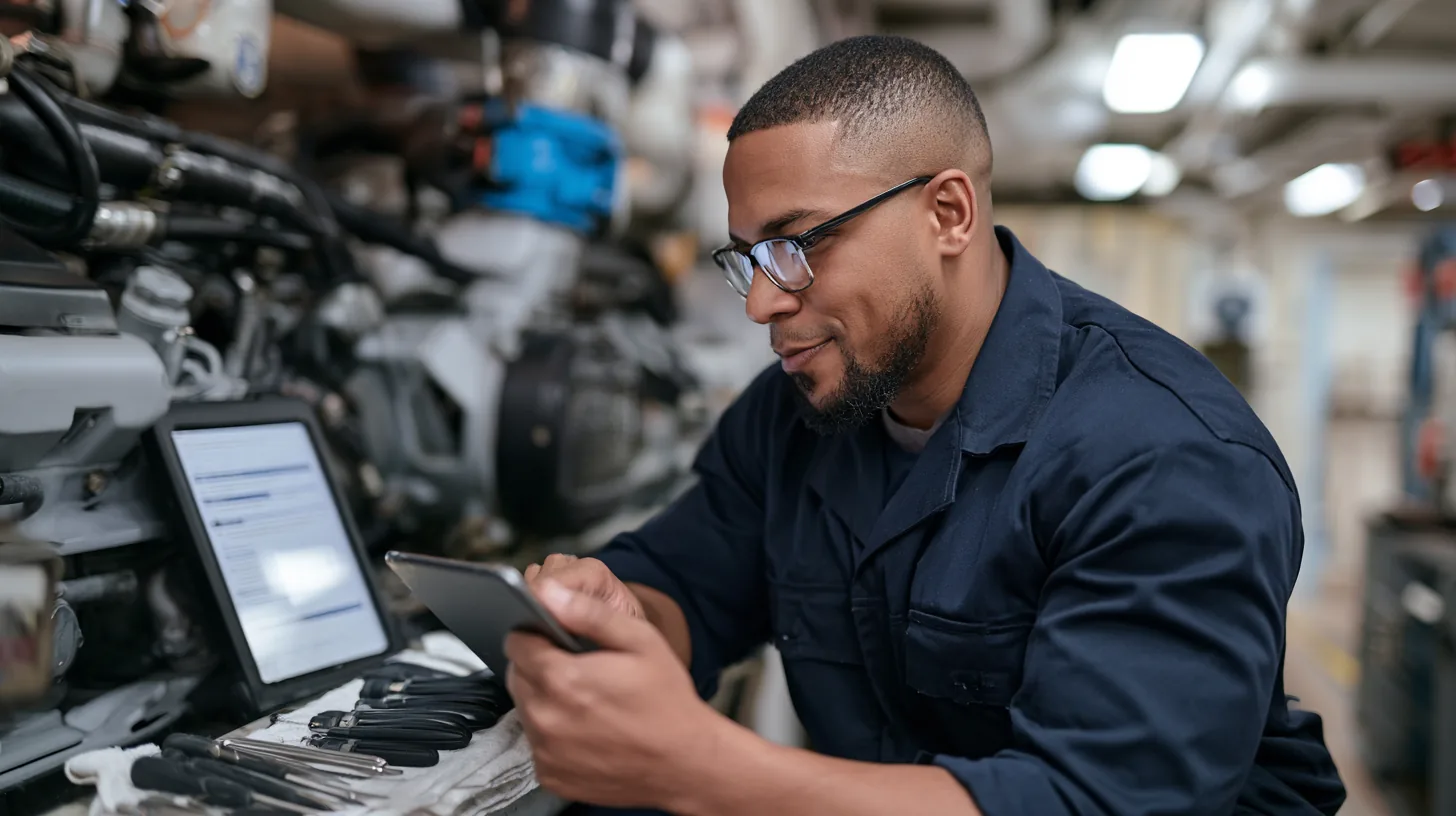 Technicien suivant une gamme de maintenance pas à pas sur tablette, outillage disposé sur l'établi