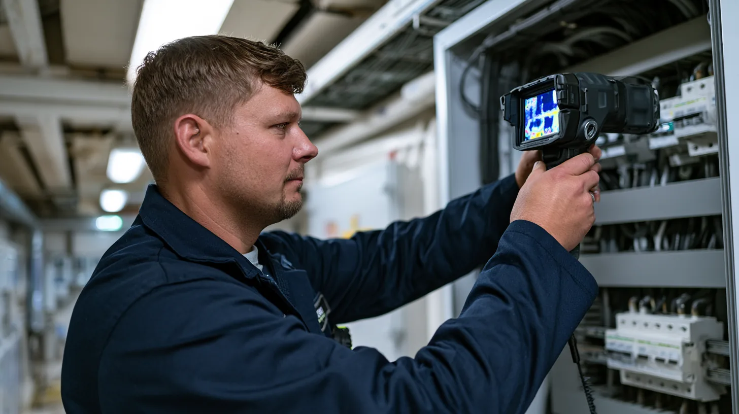 Thermal imaging camera aimed at a ship's electrical switchboard, heat map on the screen