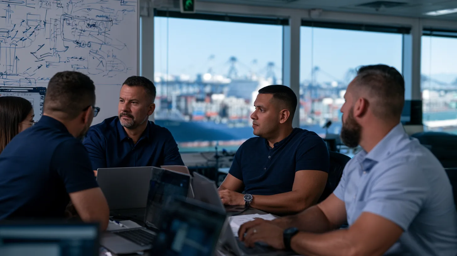 Réunion d'équipe technique dans un bureau d'armement donnant sur un terminal portuaire