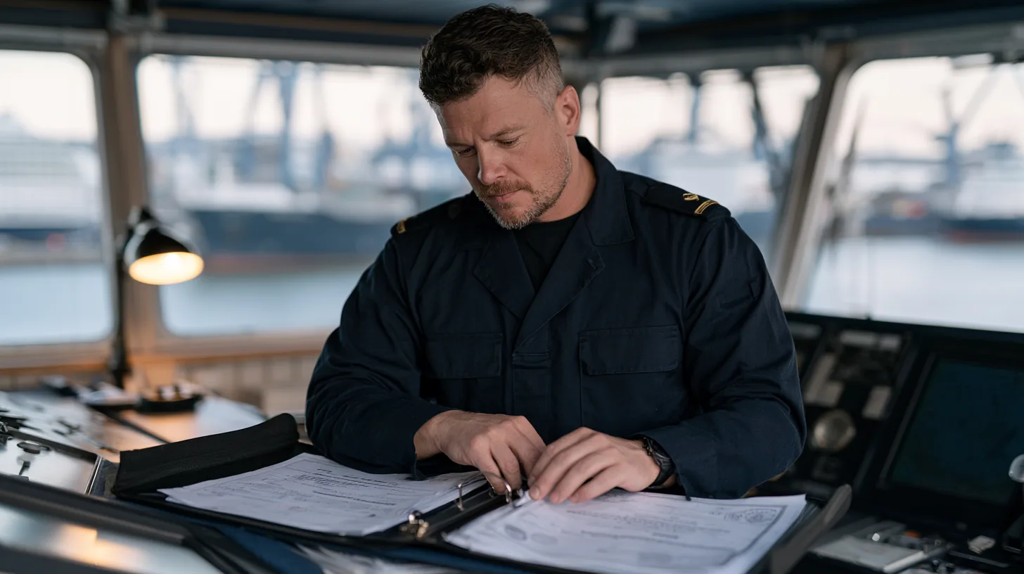 Officier vérifiant les titres et certificats de l'équipage à la table de passerelle
