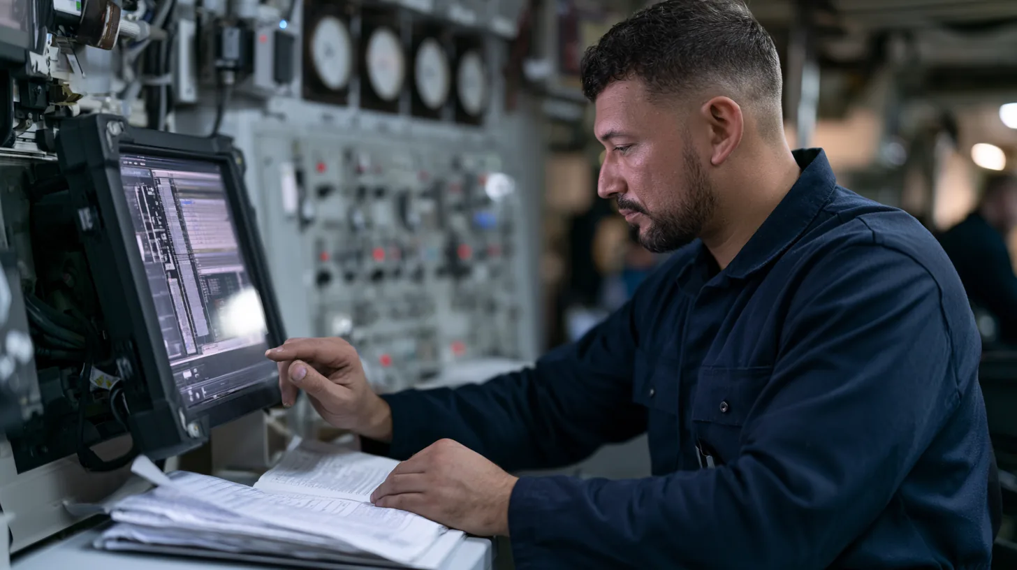 Duty engineer entering readings on a wall-mounted touchscreen terminal, the paper log still open beside him