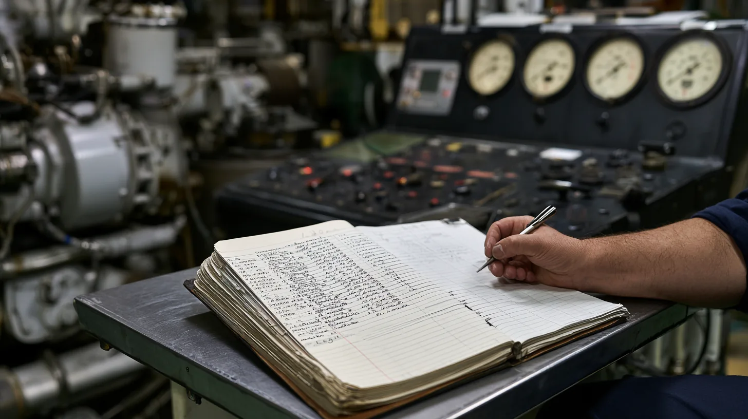 Engine room log book open in the engine control room, columns of handwritten pressures and temperatures
