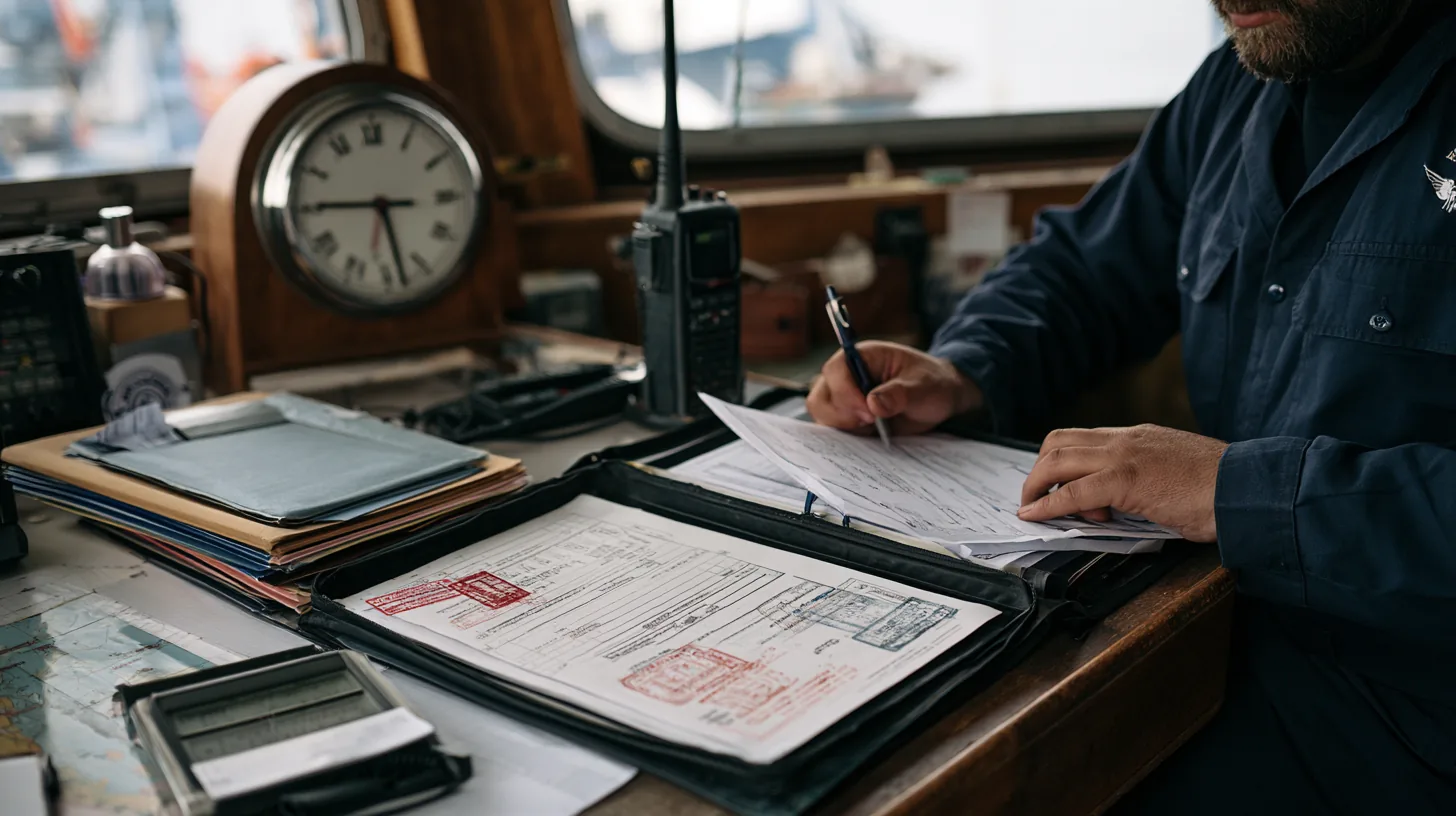 Classeur de certificats ouvert sur la table à cartes d'un navire de pêche, VHF et horloge de bord en arrière-plan