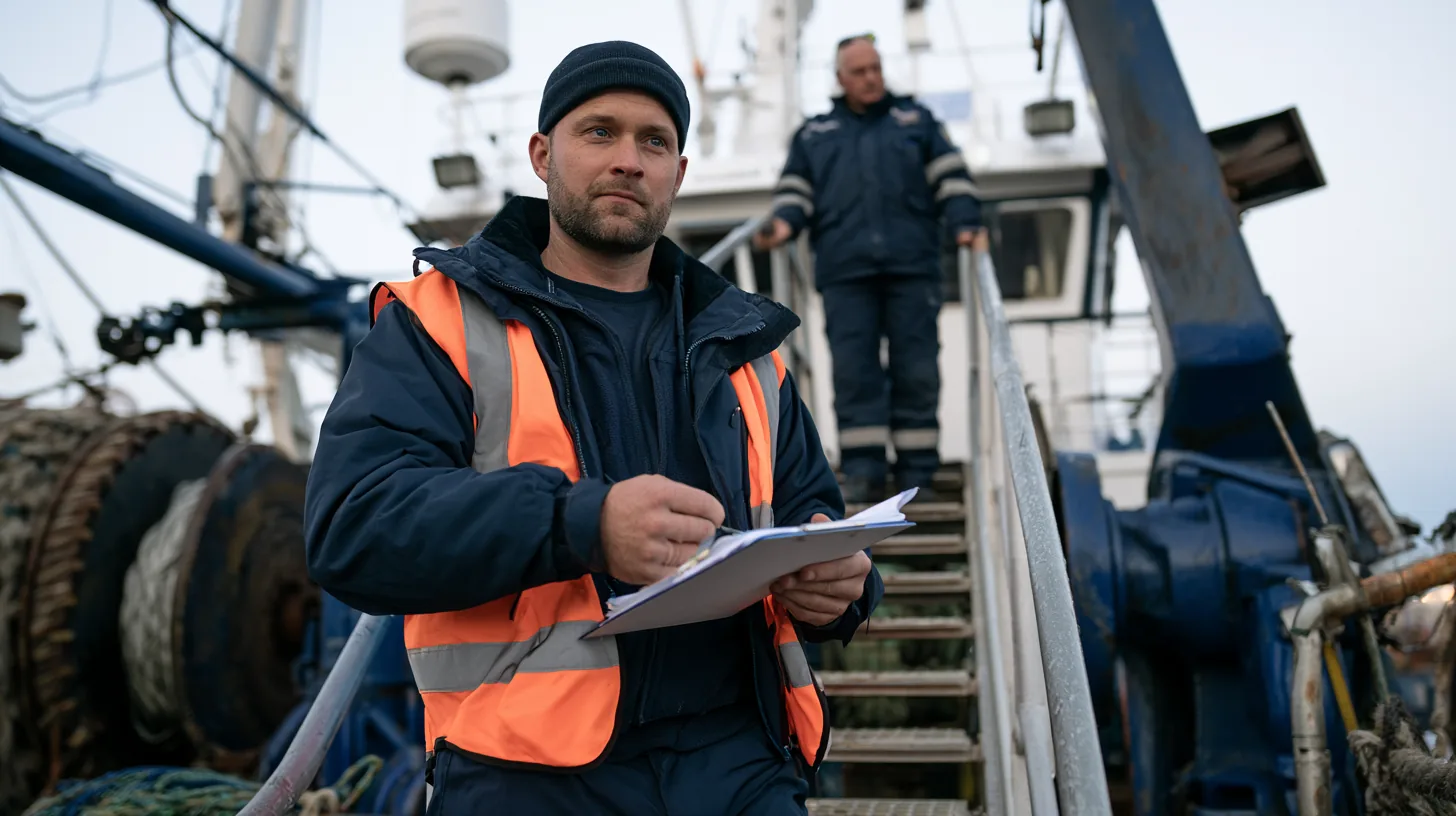 Inspecteur de l'administration maritime embarquant sur un chalutier hauturier à quai, chemise d'inspection en main