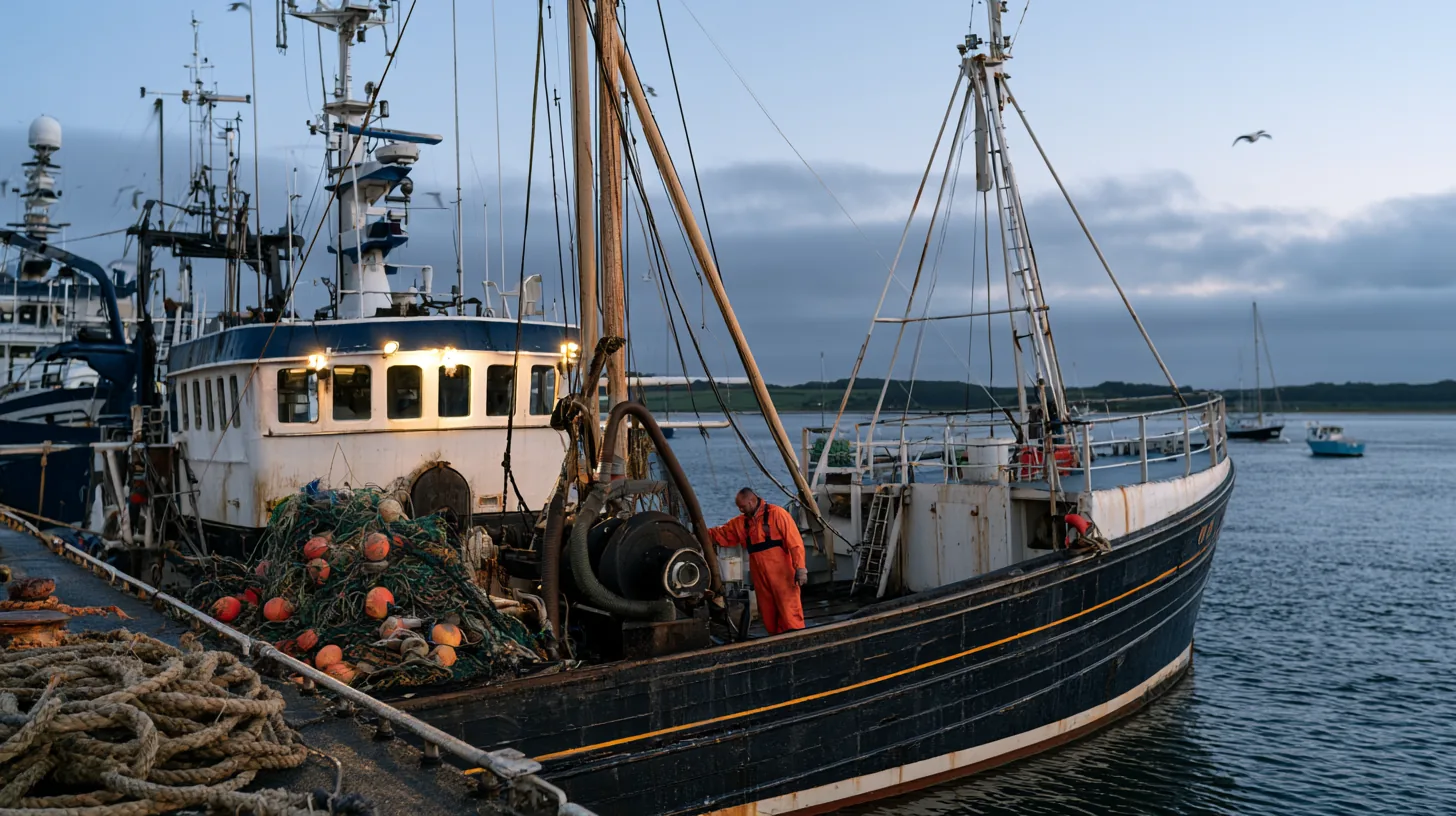 Chalutier de pêche à quai à l'aube, treuils et engins de pêche sur le pont