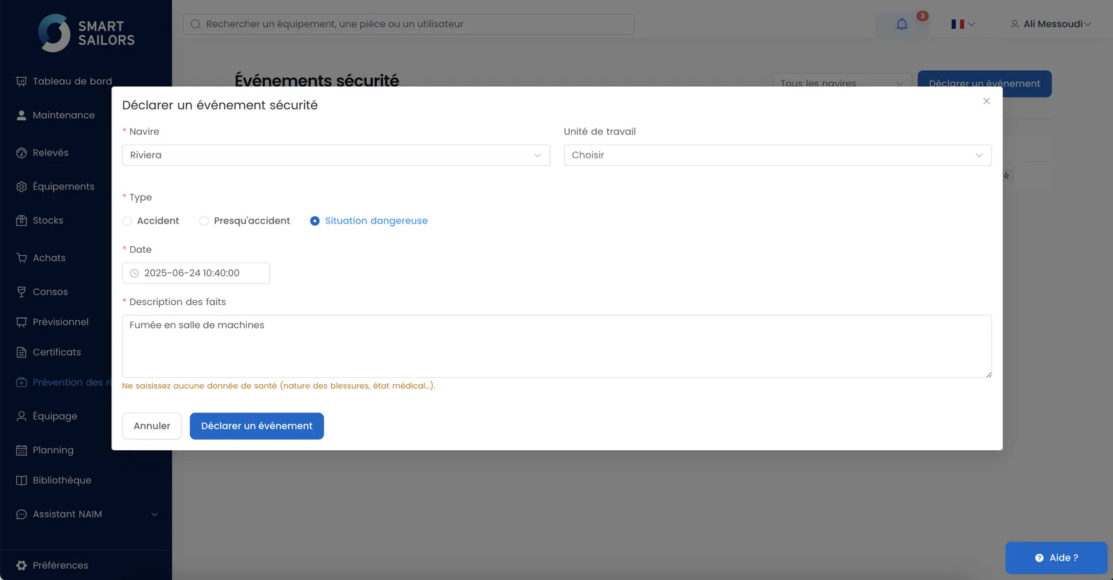 Déclaration d'un événement sécurité dans Smart Sailors : navire, unité de travail, type, date et description