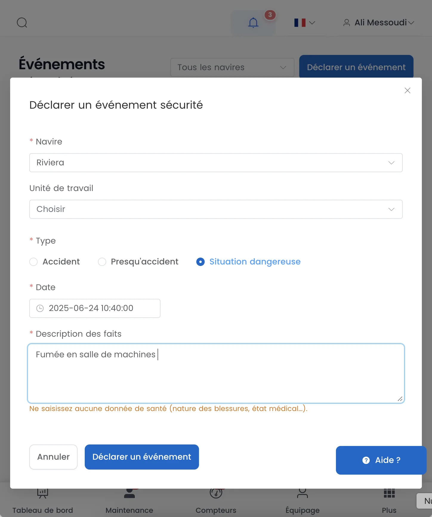 Déclaration d'un presqu'accident depuis l'application mobile Smart Sailors