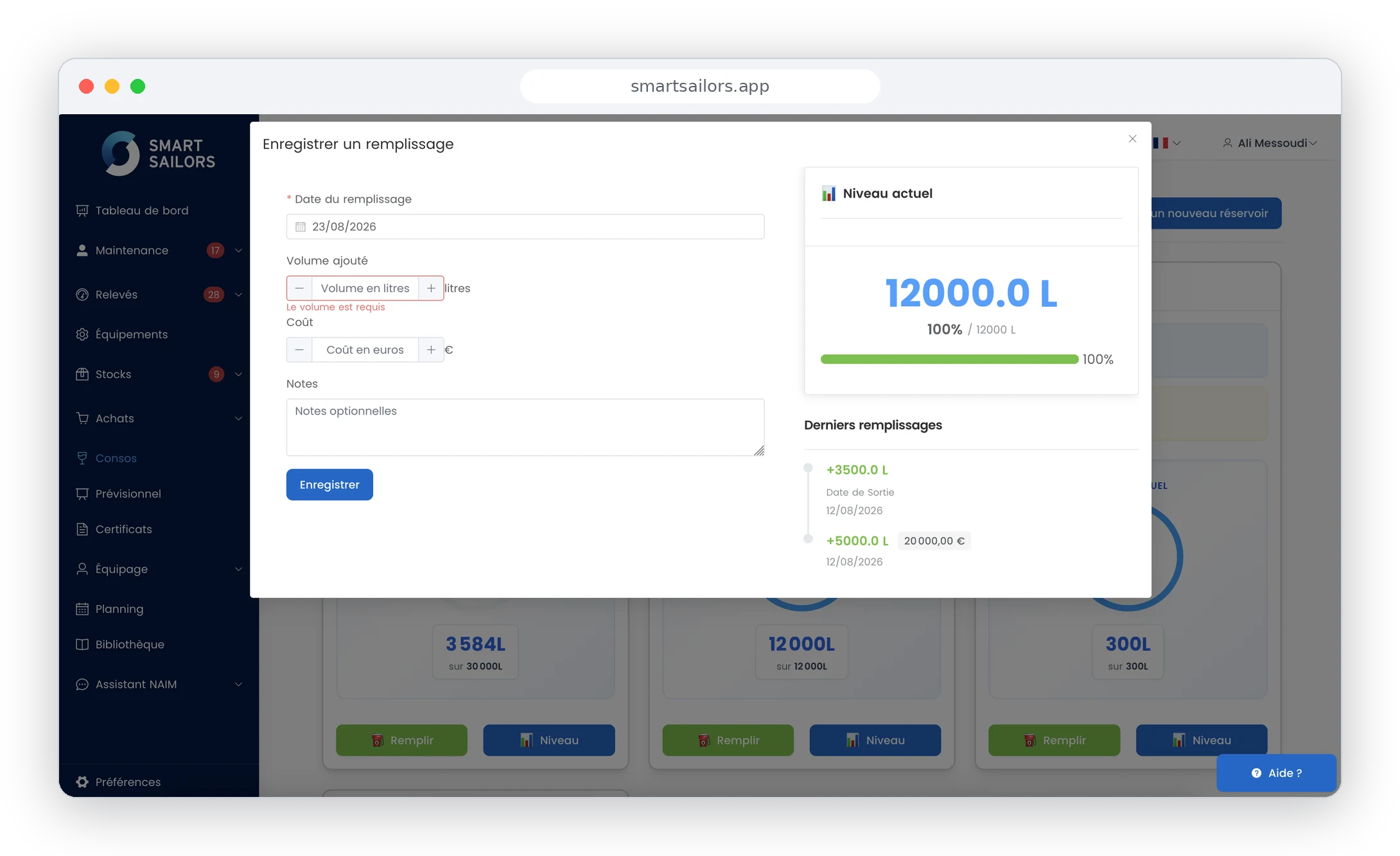 Interface Smart Sailors : enregistrement d'un remplissage de rservoir carburant avec niveau actuel et historique