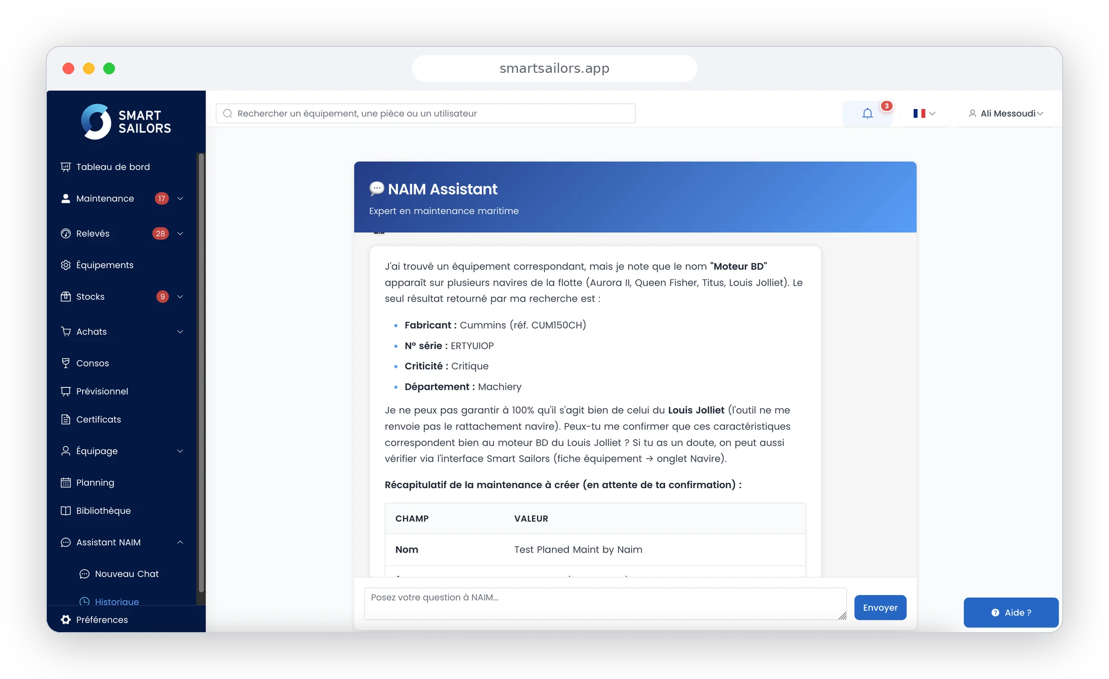 Assistant NAIM de Smart Sailors : IA experte en maintenance maritime qui identifie un équipement et prépare une maintenance