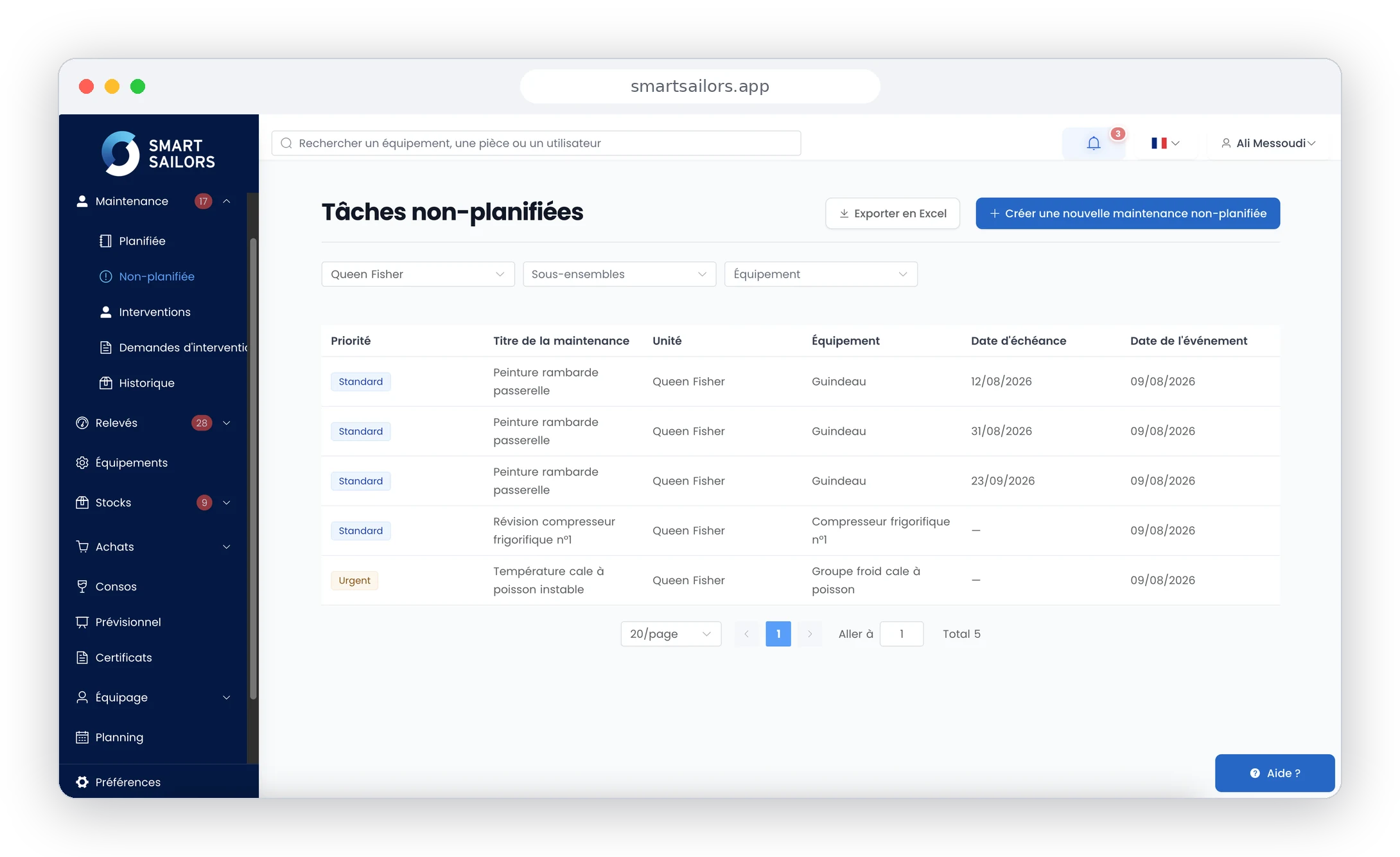 Interface Smart Sailors : liste des tâches de maintenance non-planifies avec priorits et chances