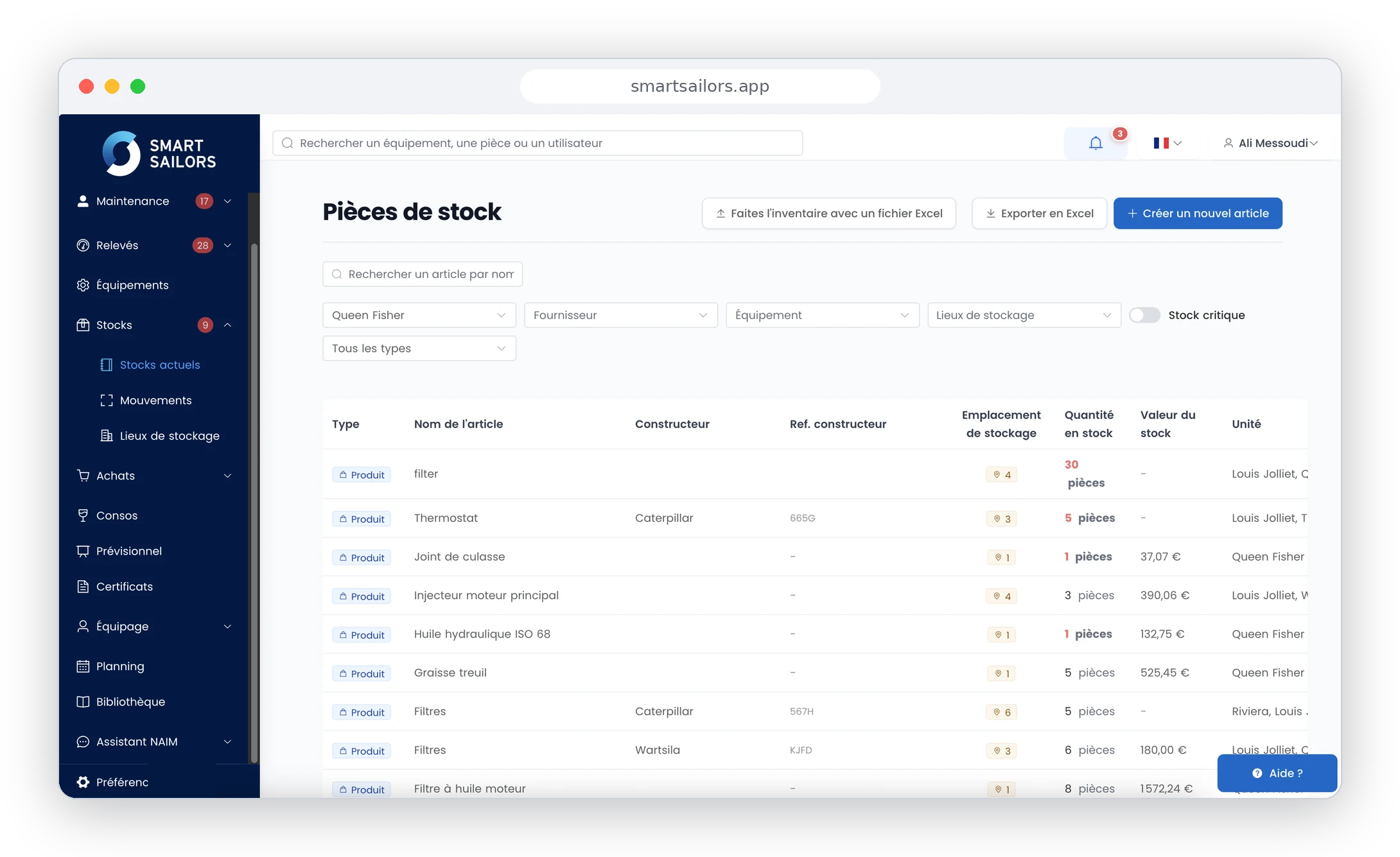 Interface Smart Sailors : gestion des pièces de stock à bord avec quantits, emplacements et valeur du stock
